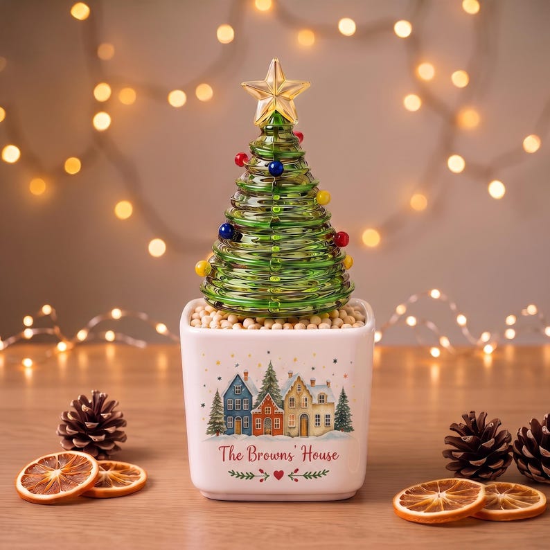 Custom Winter Village Glass Christmas Tree Figurine, Personalized Family House Ceramic Pot