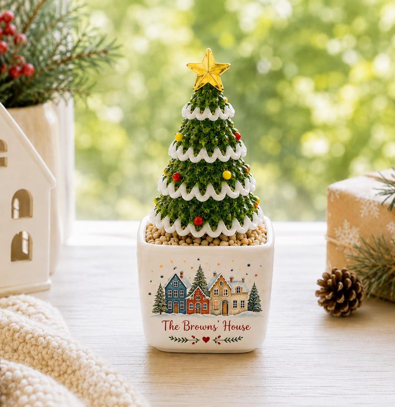 Custom Winter Village Glass Christmas Tree Figurine, Personalized Family House Ceramic Pot