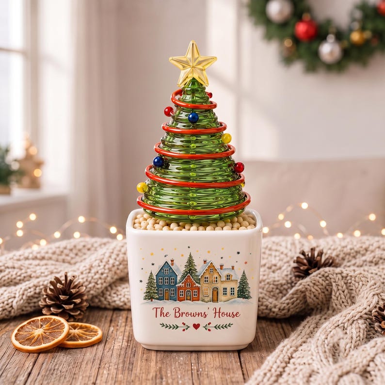 Custom Winter Village Glass Christmas Tree Figurine, Personalized Family House Ceramic Pot