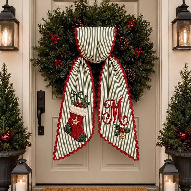 Personalized Christmas Stocking Wreath Bow, Embroidered Holiday Door Bow, Custom Christmas Wreath Sash