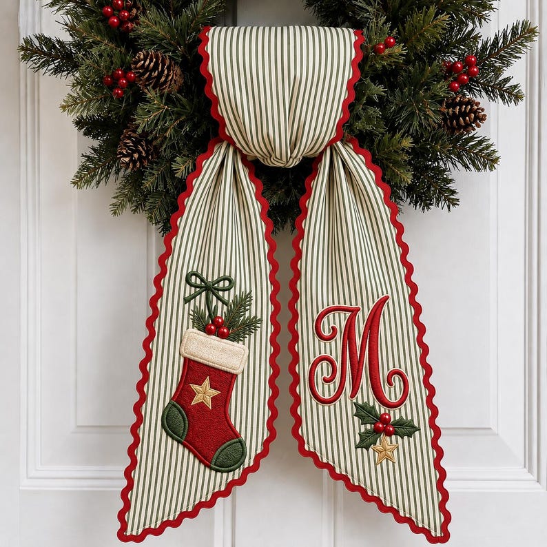 Personalized Christmas Stocking Wreath Bow, Embroidered Holiday Door Bow, Custom Christmas Wreath Sash