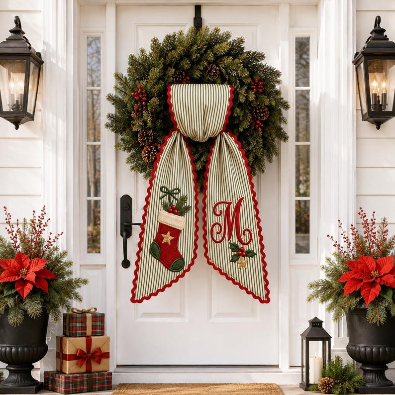 Personalized Christmas Stocking Wreath Bow, Embroidered Holiday Door Bow, Custom Christmas Wreath Sash
