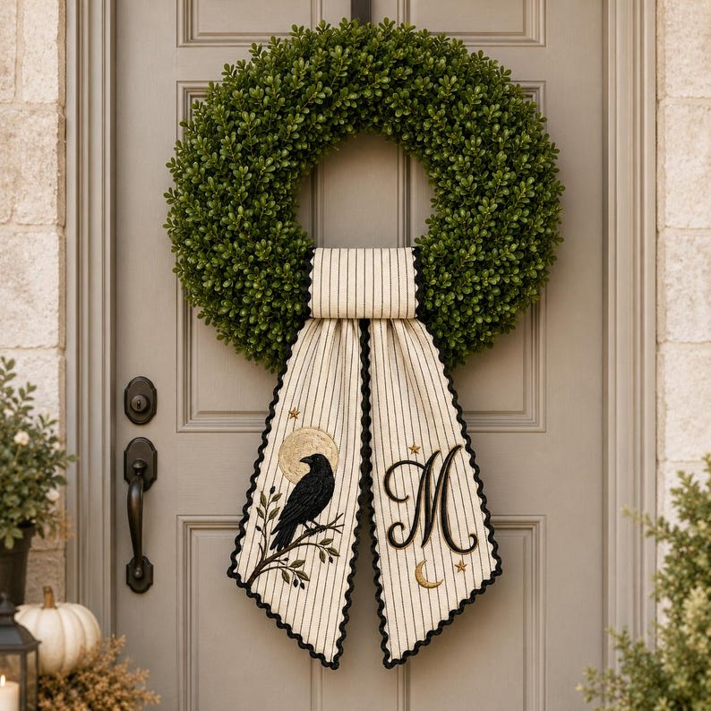 Personalized Raven Wreath Bow, Embroidered Gothic Halloween Door Bow, Custom Moon Wreath Sash