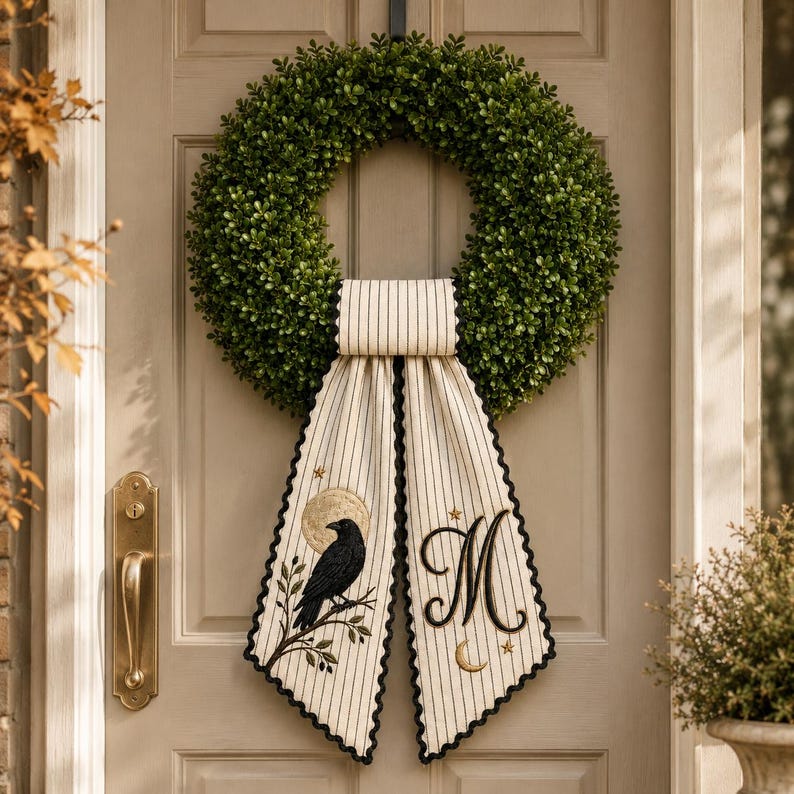Personalized Raven Wreath Bow, Embroidered Gothic Halloween Door Bow, Custom Moon Wreath Sash