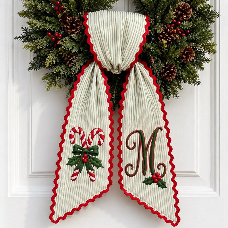 Personalized Candy Cane Wreath Bow, Embroidered Christmas Door Bow, Custom Holiday Wreath Sash