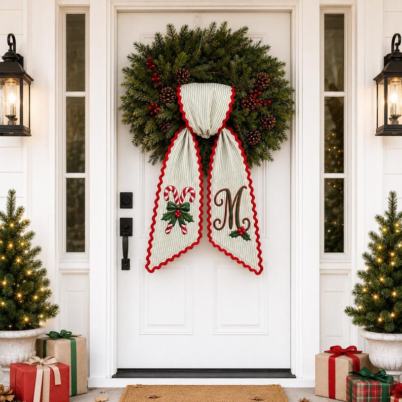 Personalized Candy Cane Wreath Bow, Embroidered Christmas Door Bow, Custom Holiday Wreath Sash