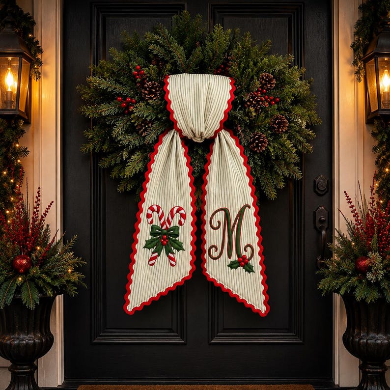 Personalized Candy Cane Wreath Bow, Embroidered Christmas Door Bow, Custom Holiday Wreath Sash