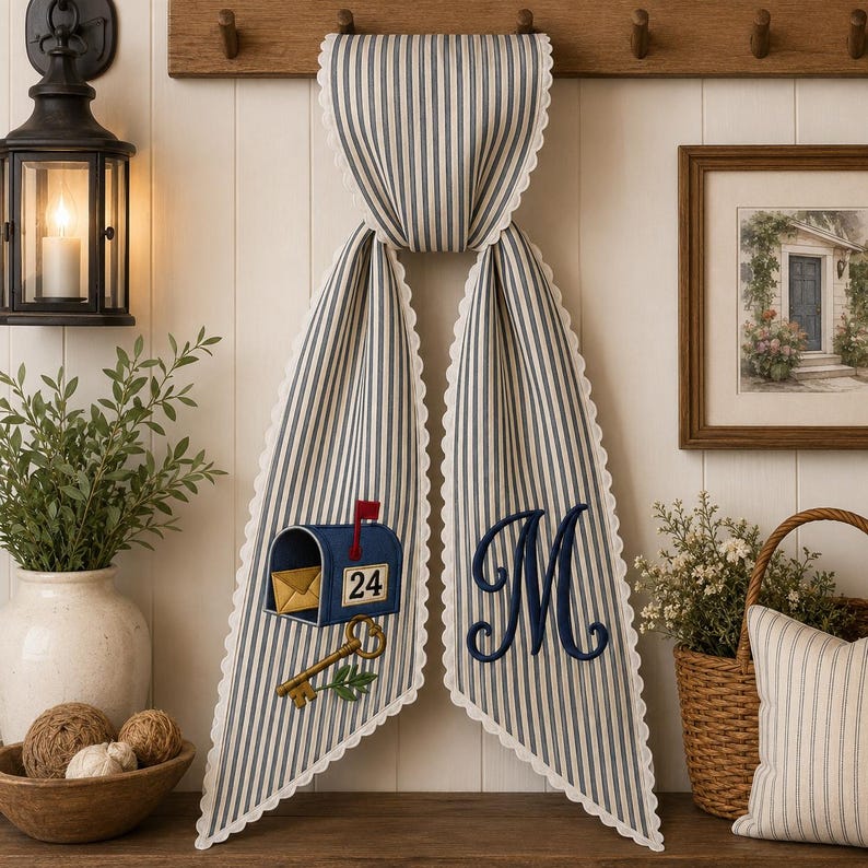 Personalized Mailbox New Home Wreath Bow, Embroidered Mail Carrier Door Bow, Front Door Wreath Sash