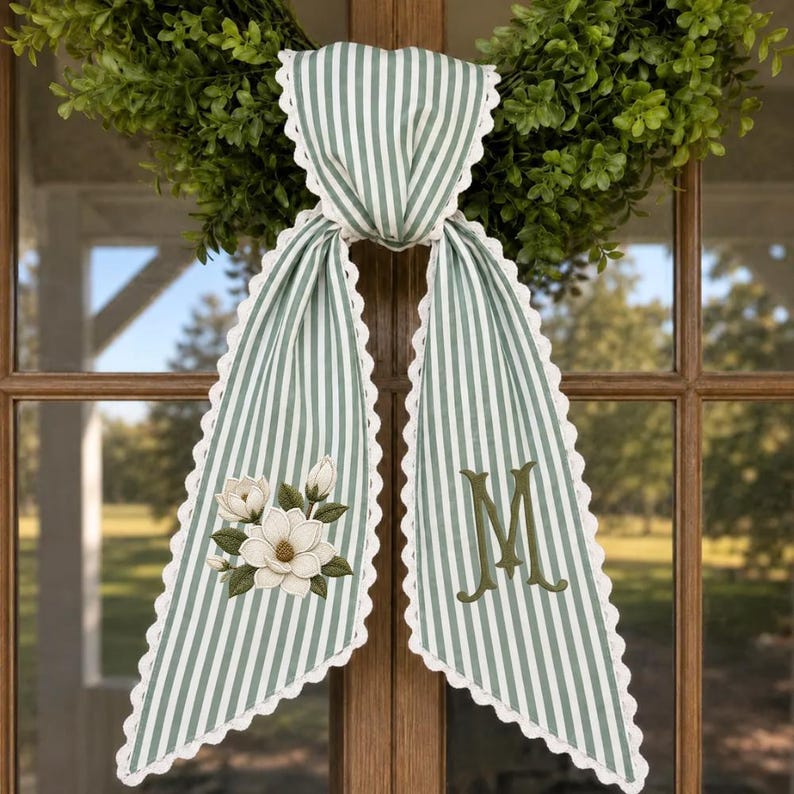Custom Embroidery Magnolia Wreath Sash, Personalized Monogram Door Bow, Embroidered Floral Front Door Decor