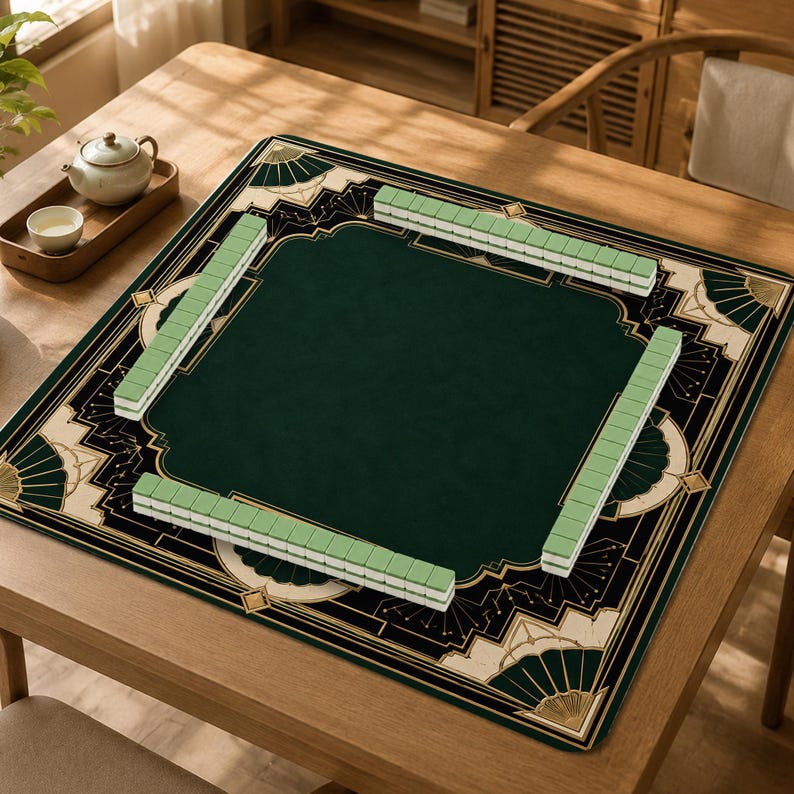 Art Deco Mahjong Mat, Emerald Green Game Mat, Non Slip Gatsby Luxury American Mahjong Table Mat