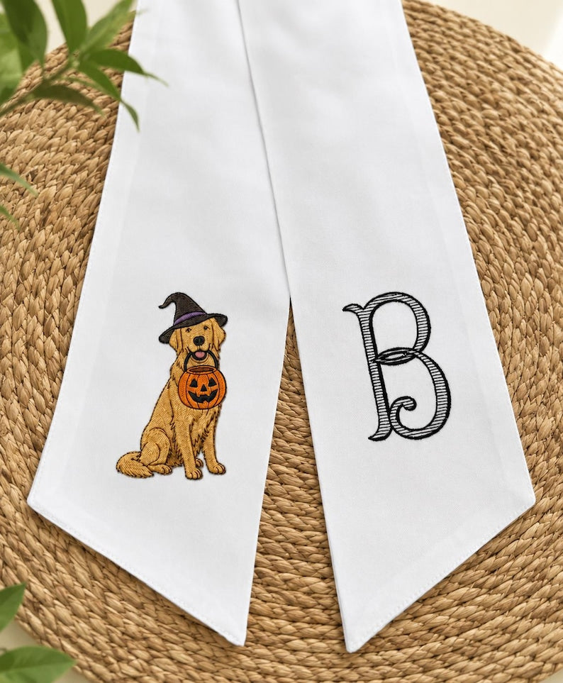 Embroidered Golden Retriever Halloween Wreath Sash, Custom Dog Breed Wreath Sash, Pet Lover Fall Bow