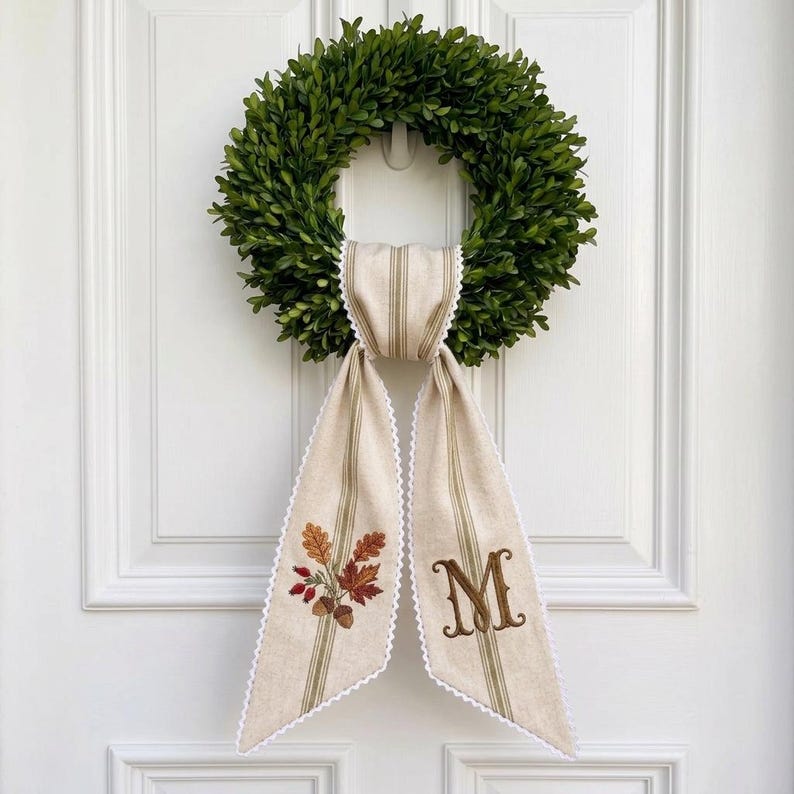 Fall Wreath Sash, Personalized Embroidered Acorn Wreath Ribbon, Autumn Front Door Decor, Thanksgiving Housewarming Gift