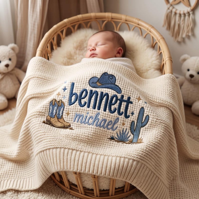 Personalized Boy Cowboy Baby Blanket with Name, Custom Embroidered Western Cowboy Boots Cactus Baby Shower Gift