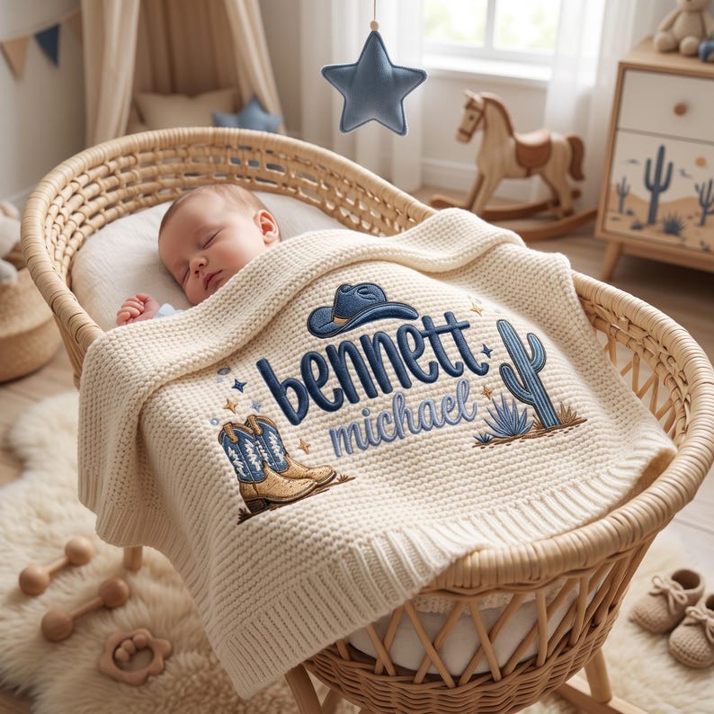 Personalized Boy Cowboy Baby Blanket with Name, Custom Embroidered Western Cowboy Boots Cactus Baby Shower Gift