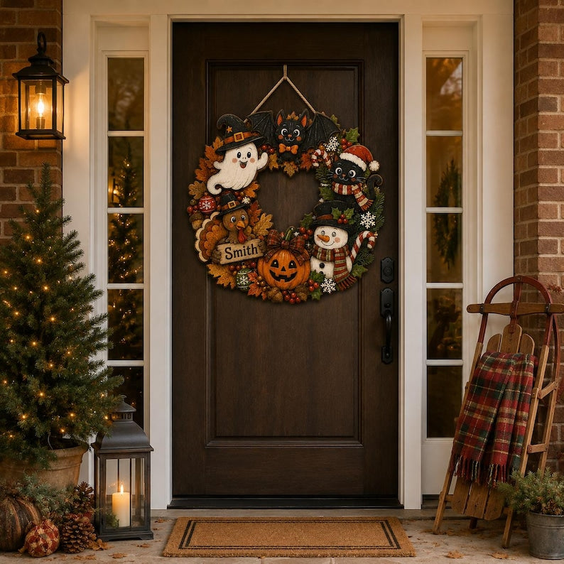 Personalized Hallothanksmas Door Wreath, Halloween Thanksgiving Christmas Decor, Custom Family Name Front Door Hanger