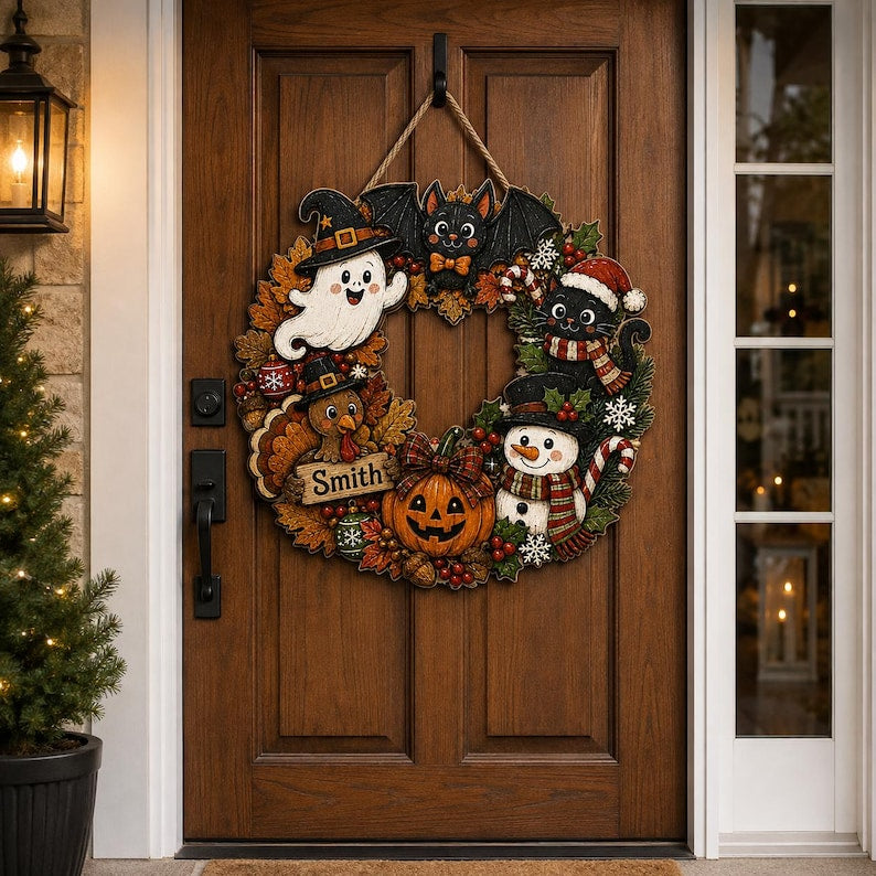 Personalized Hallothanksmas Door Wreath, Halloween Thanksgiving Christmas Decor, Custom Family Name Front Door Hanger