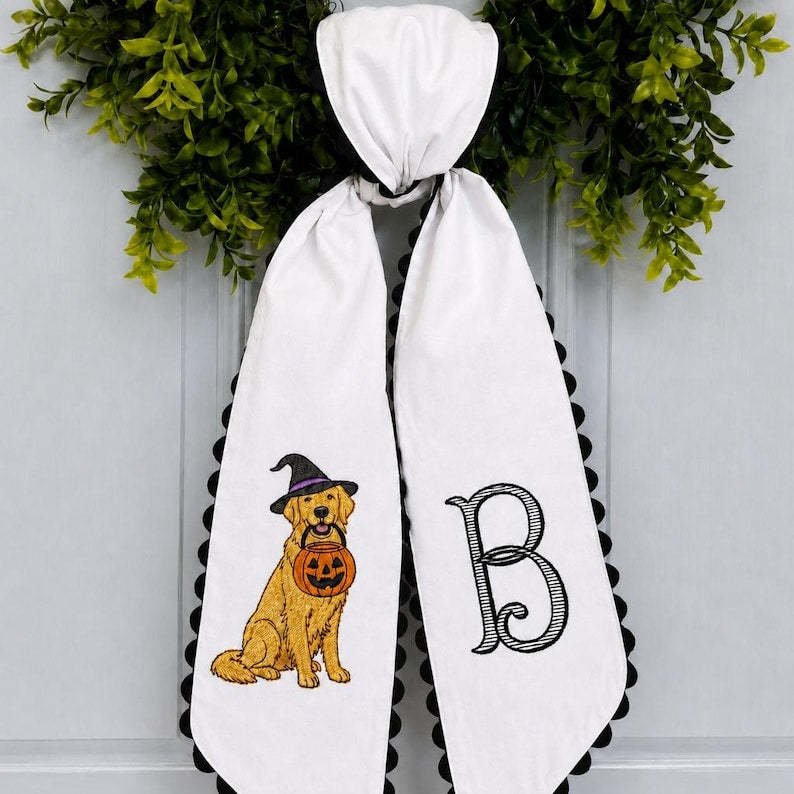 Embroidered Golden Retriever Halloween Wreath Sash, Custom Dog Breed Wreath Sash, Pet Lover Fall Bow