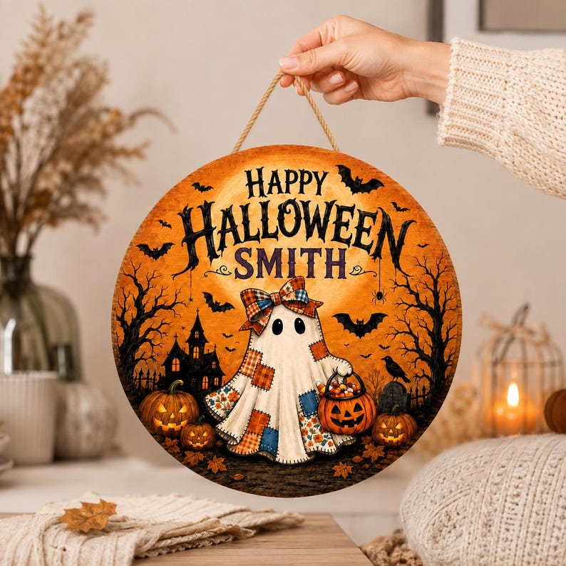Personalized Halloween Door Sign, Custom Family Name Ghost Door Hanger, Spooky Pumpkin Wood Sign