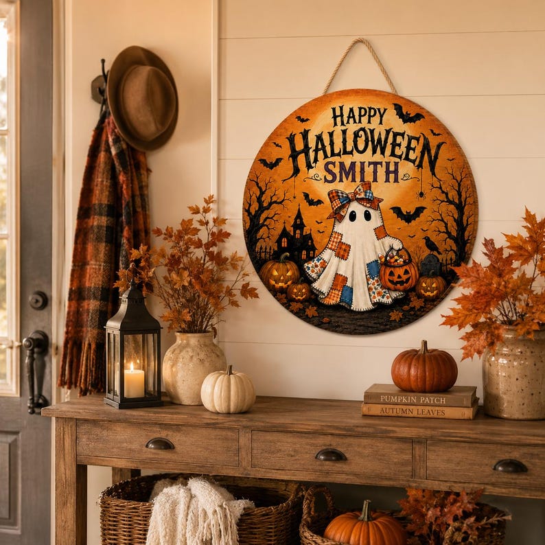 Personalized Halloween Door Sign, Custom Family Name Ghost Door Hanger, Spooky Pumpkin Wood Sign
