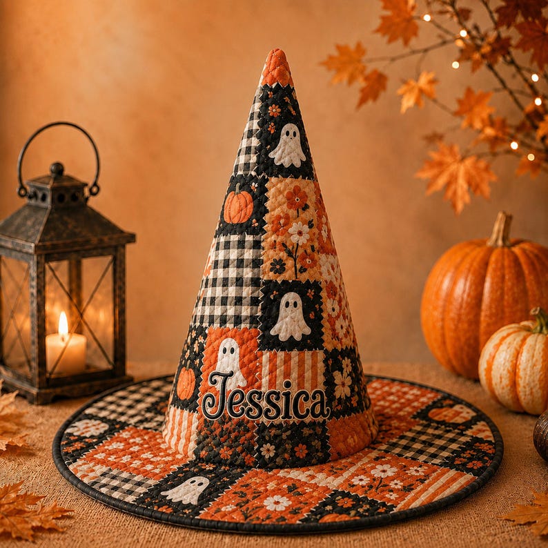 Personalized Witch Hat, Custom Name Quilted Halloween Hat, Patchwork Witch Costume Hat, Halloween Decor Gift