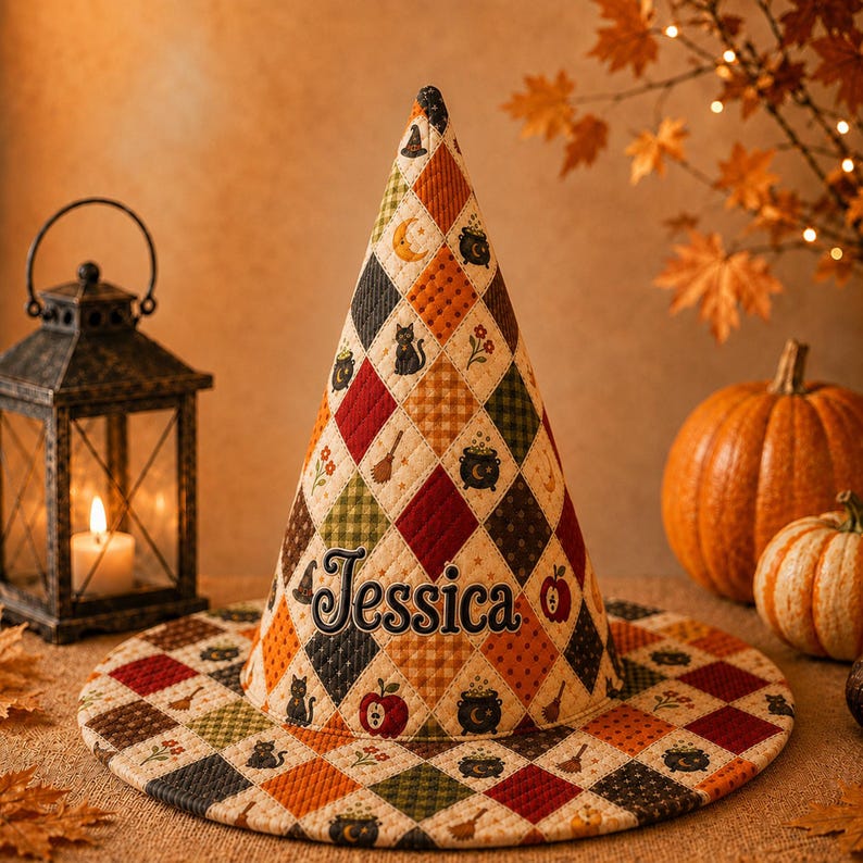 Personalized Witch Hat Decor, Primitive Quilted Halloween Hat, Custom Name Fall Table Decor, Rustic Black Cat Witch Hat