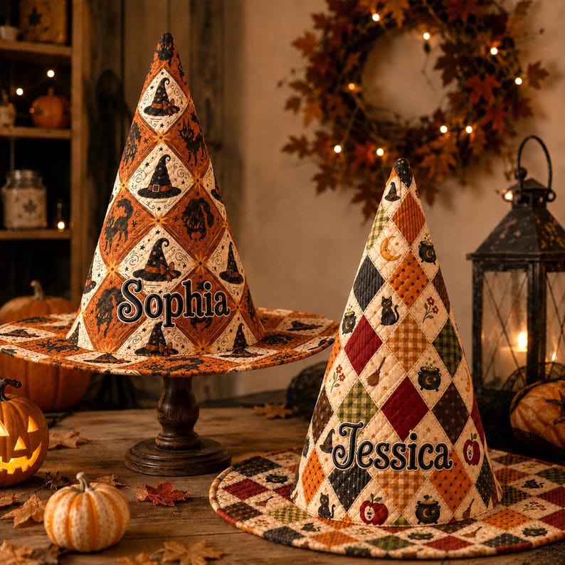 Personalized Witch Hat Decor, Primitive Quilted Halloween Hat, Custom Name Fall Table Decor, Rustic Black Cat Witch Hat