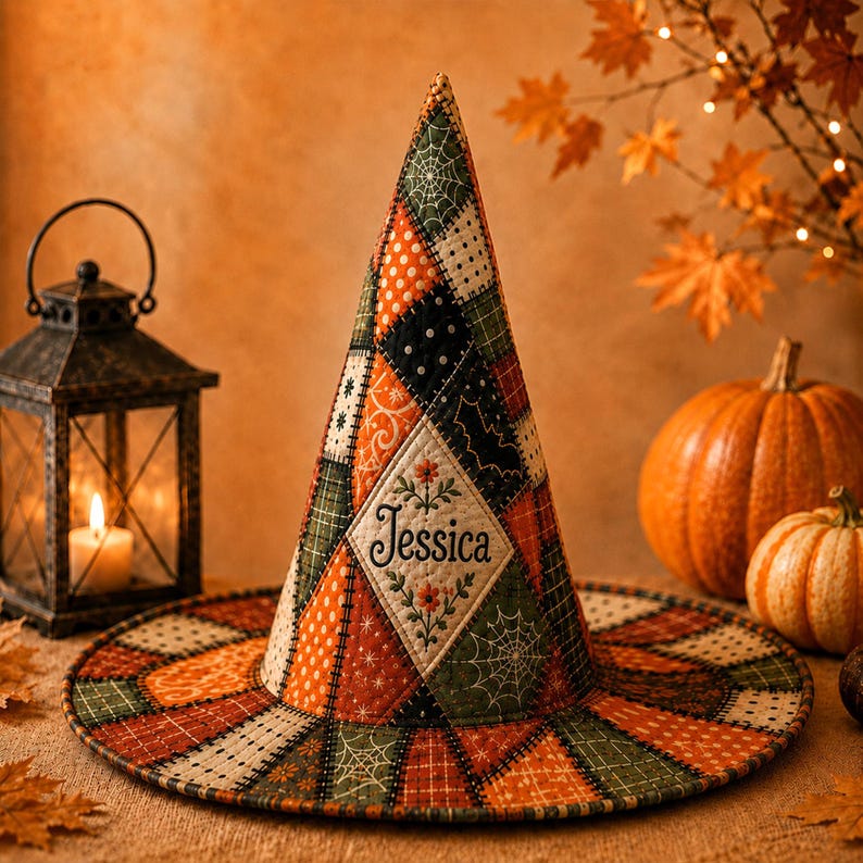 Personalized Witch Hat, Quilted Patchwork Halloween Decoration, Spiderweb Bat Floral Fall Decor