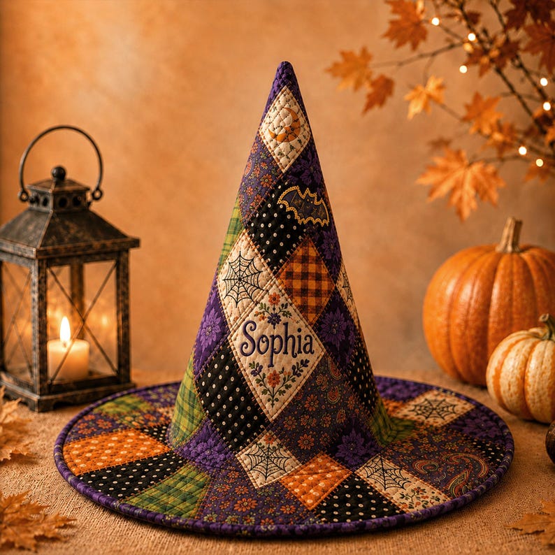 Personalized Witch Hat, Quilted Patchwork Halloween Decoration, Spiderweb Bat Floral Fall Decor