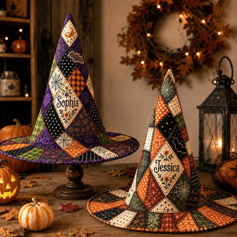 Personalized Witch Hat, Quilted Patchwork Halloween Decoration, Spiderweb Bat Floral Fall Decor
