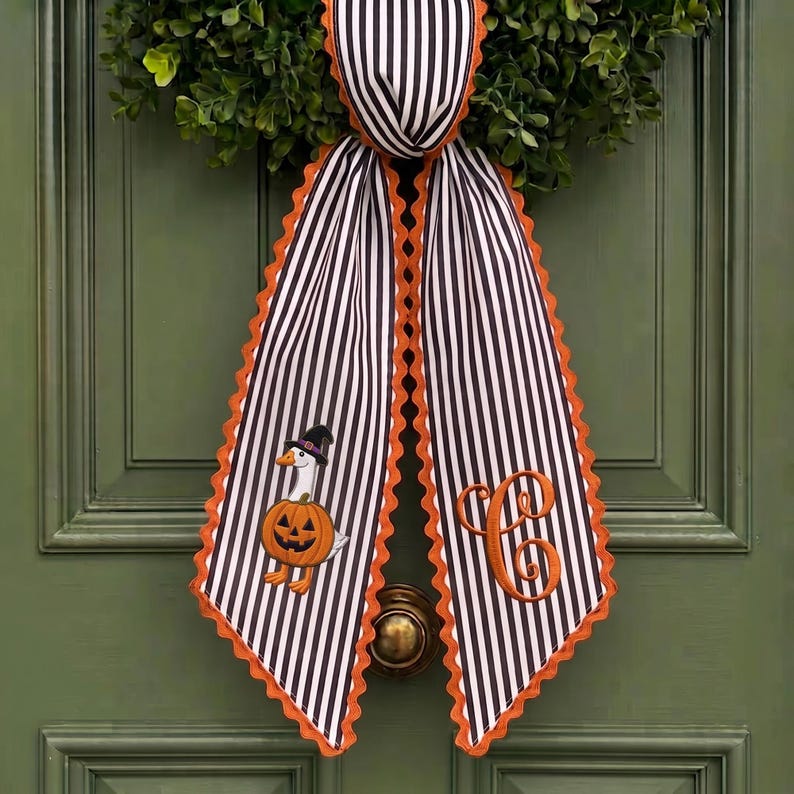 Personalized Halloween Tree Wreath Sash, Custom Name Embroidered Holiday Decor, Stripe Front Door Ric Rac Bow
