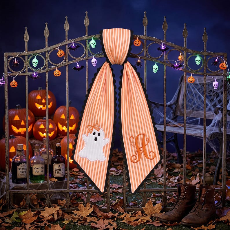 Personalized Halloween Tree Wreath Sash, Custom Name Embroidered Holiday Decor, Stripe Front Door Ric Rac Bow