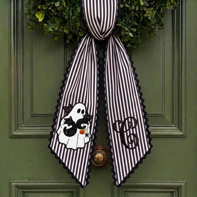 Personalized Halloween Tree Wreath Sash, Custom Name Embroidered Holiday Decor, Stripe Front Door Ric Rac Bow