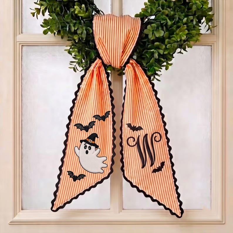 Personalized Halloween Tree Wreath Sash, Custom Name Embroidered Holiday Decor, Stripe Front Door Ric Rac Bow