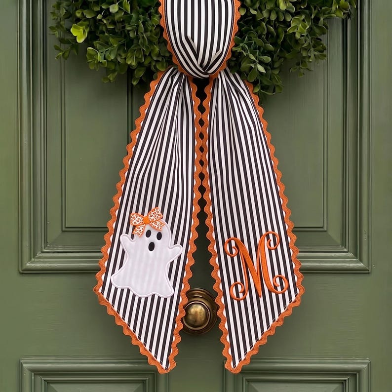 Personalized Halloween Tree Wreath Sash, Custom Name Embroidered Holiday Decor, Stripe Front Door Ric Rac Bow