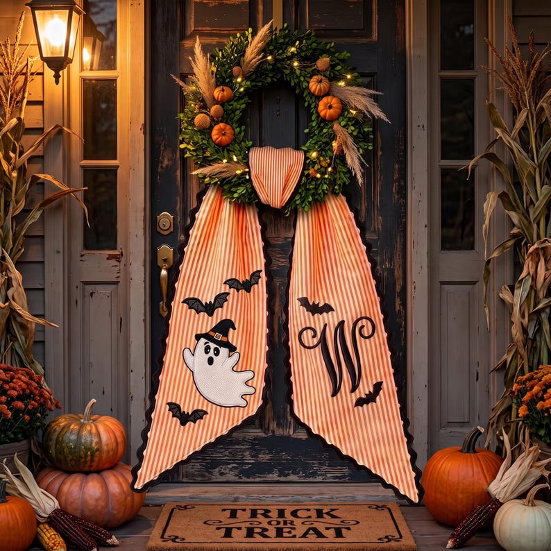 Personalized Halloween Tree Wreath Sash, Custom Name Embroidered Holiday Decor, Stripe Front Door Ric Rac Bow