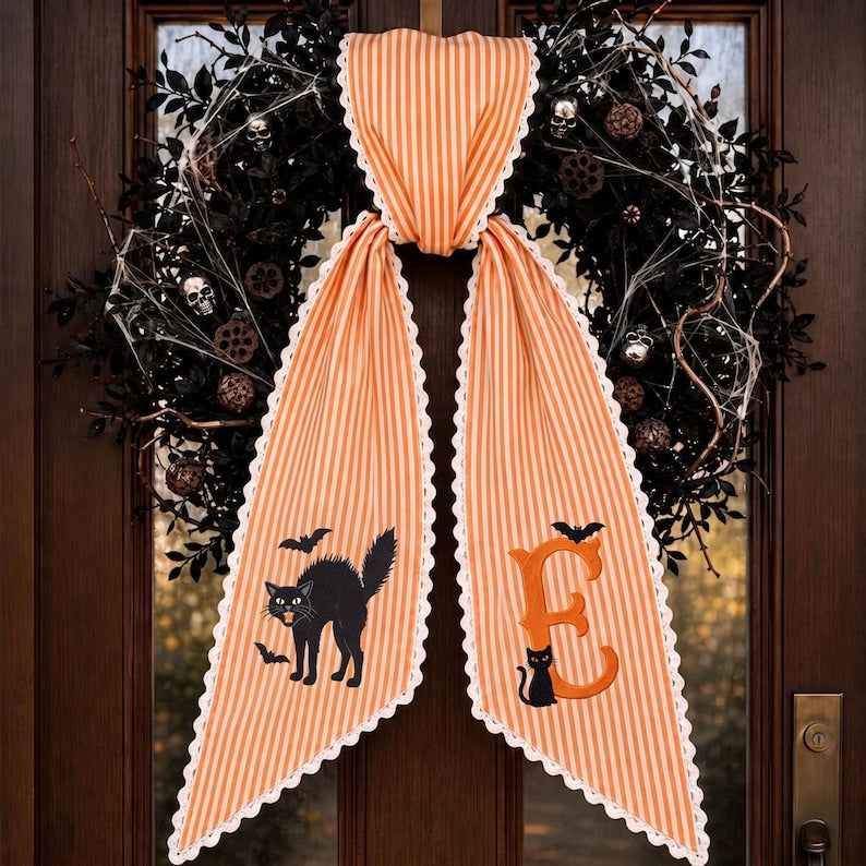 Custom Embroidery Halloween Black Cat Name Sash, Embroidery Monogram Black Cat Bow