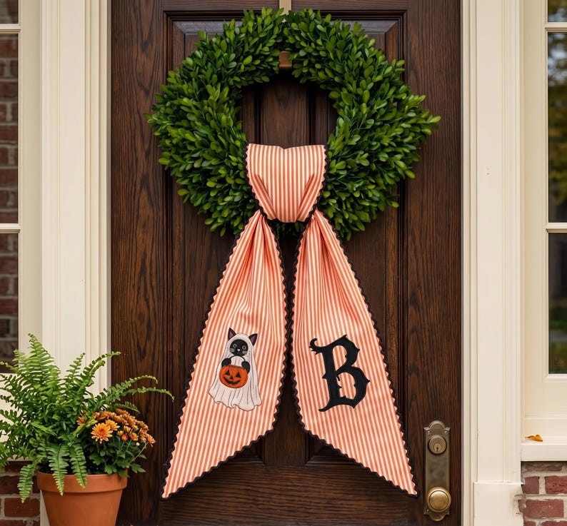 Custom Embroidery Halloween Ghost Pumpkin Cat Sash, Embroidery Monogram Spooky Cat Bow