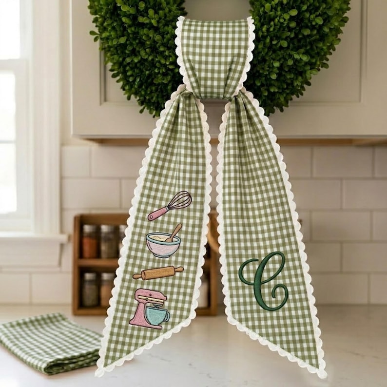 Personalized Baking Wreath Sash, Pink Gingham Embroidered Kitchen Door Bow, Custom Monogram Baker Gift