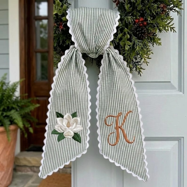 Personalized Magnolia Wreath Sash, Sage Stripe Embroidered Monogram Door Bow, Southern Front Door Decor