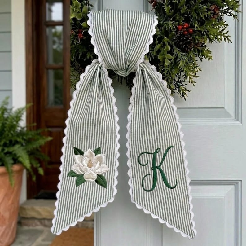 Personalized Magnolia Wreath Sash, Sage Stripe Embroidered Monogram Door Bow, Southern Front Door Decor
