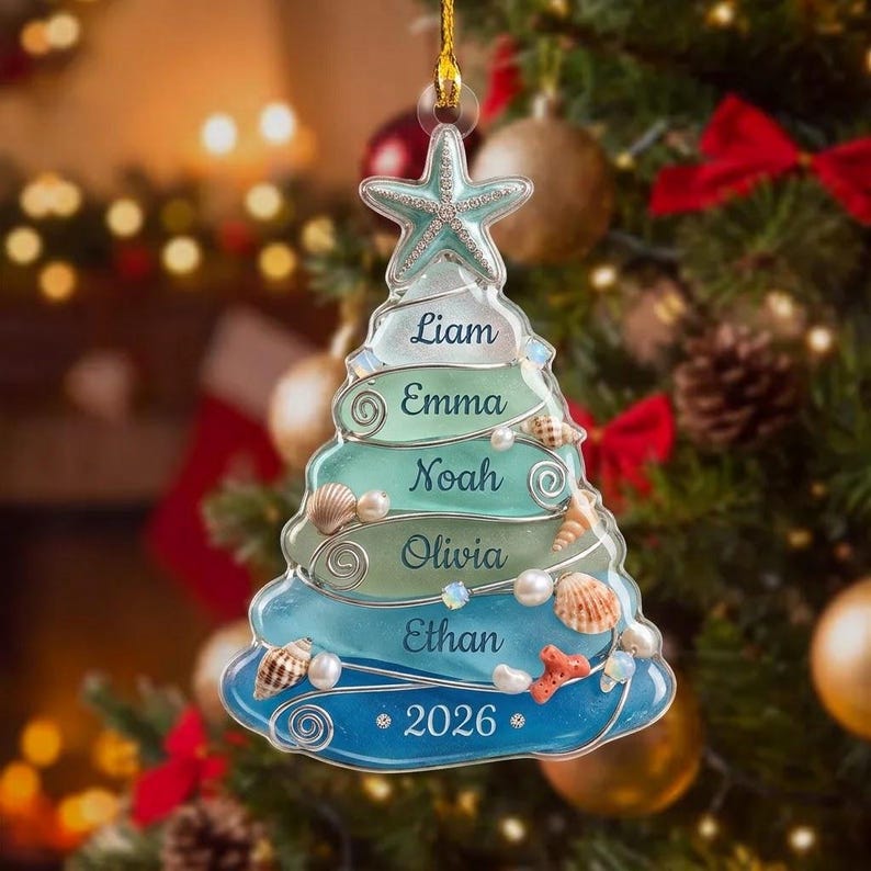Personalized Sea Glass Tree Acrylic Ornament, Custom Family Name Christmas Keepsake, Coastal Beach Holiday Decor