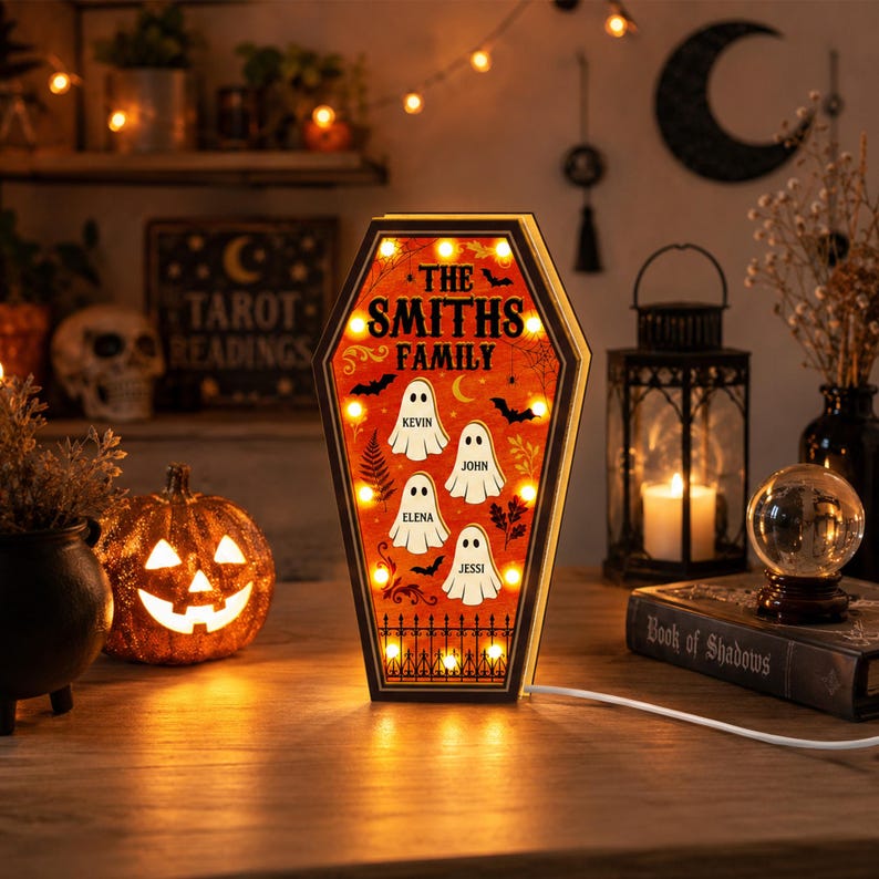 Custom Halloween Family Coffin LED Night Light Box with Ghost Names