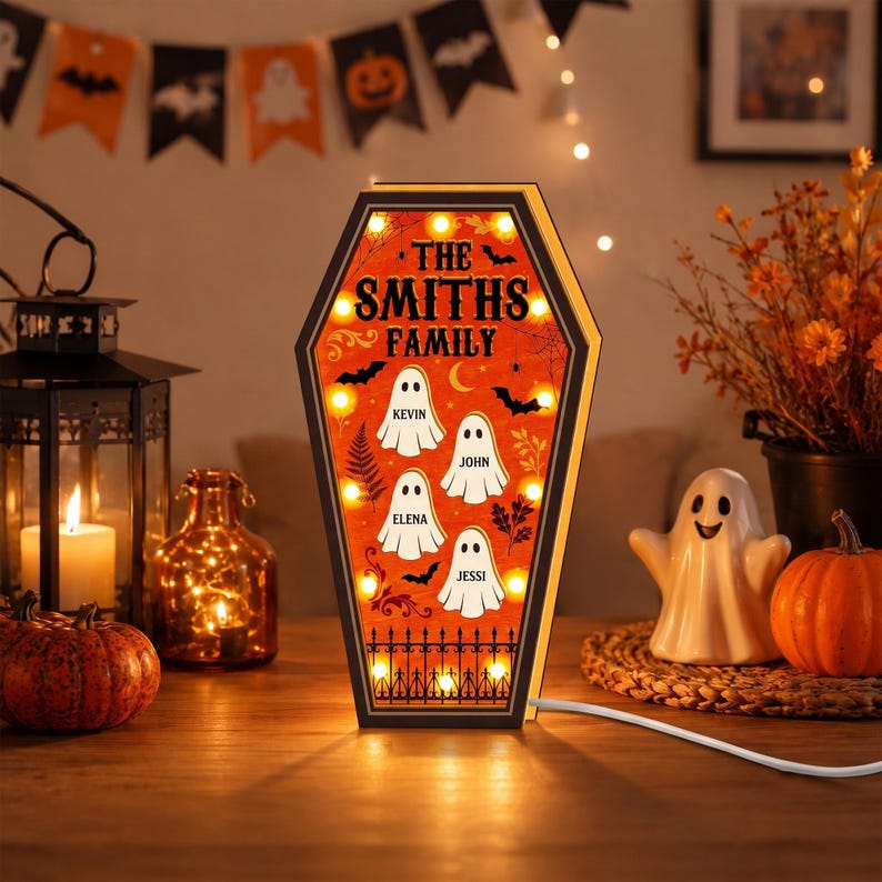 Custom Halloween Family Coffin LED Night Light Box with Ghost Names