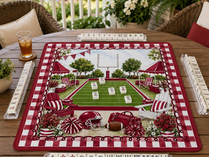 Football Mahjong Mat, Red White Sports Mahjong Mat, Game Table Mat, Football Fan Gift
