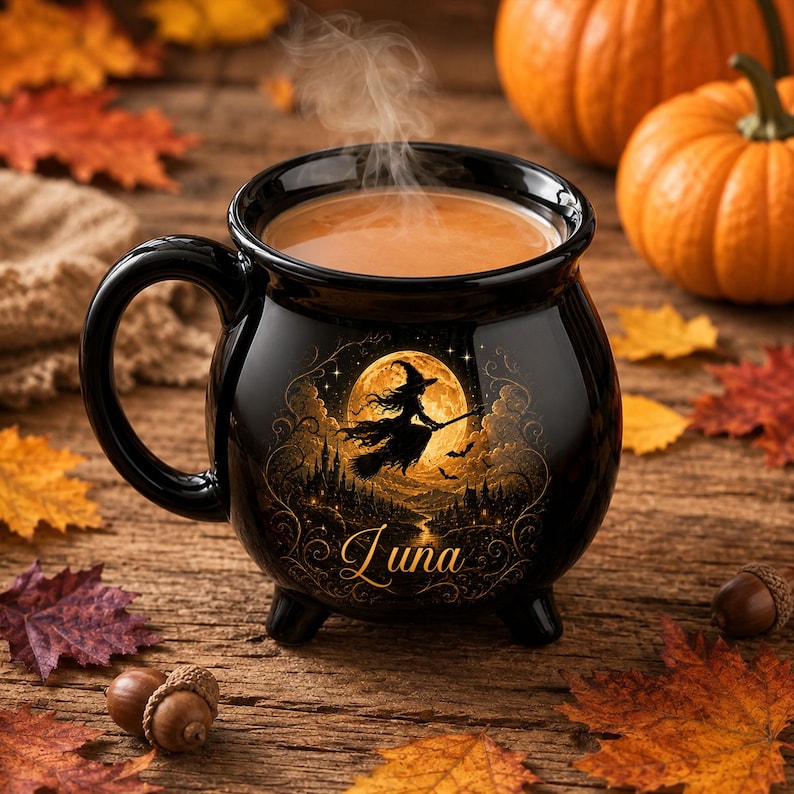 Personalized Witch Cauldron Ceramic Mug, Custom Name Witch Coffee Mug, Halloween Mug, Witch Lover Gift
