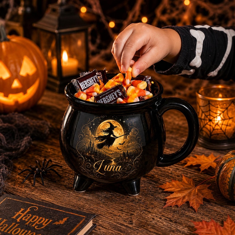 Personalized Witch Cauldron Ceramic Mug, Custom Name Witch Coffee Mug, Halloween Mug, Witch Lover Gift