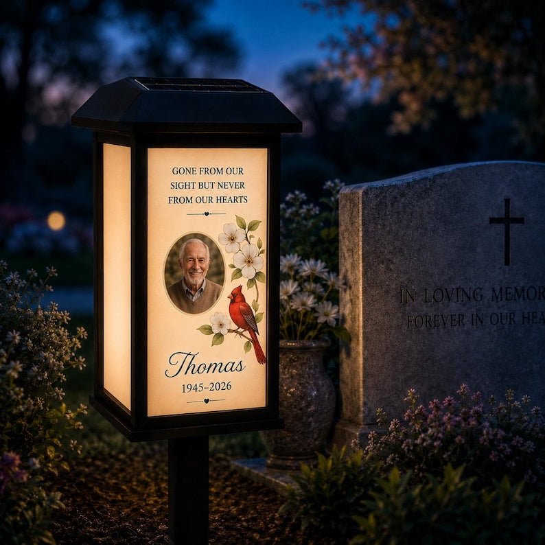 Personalized Memorial Solar Lantern with Photo, Custom Gravesite Light, Outdoor Remembrance Garden Stake