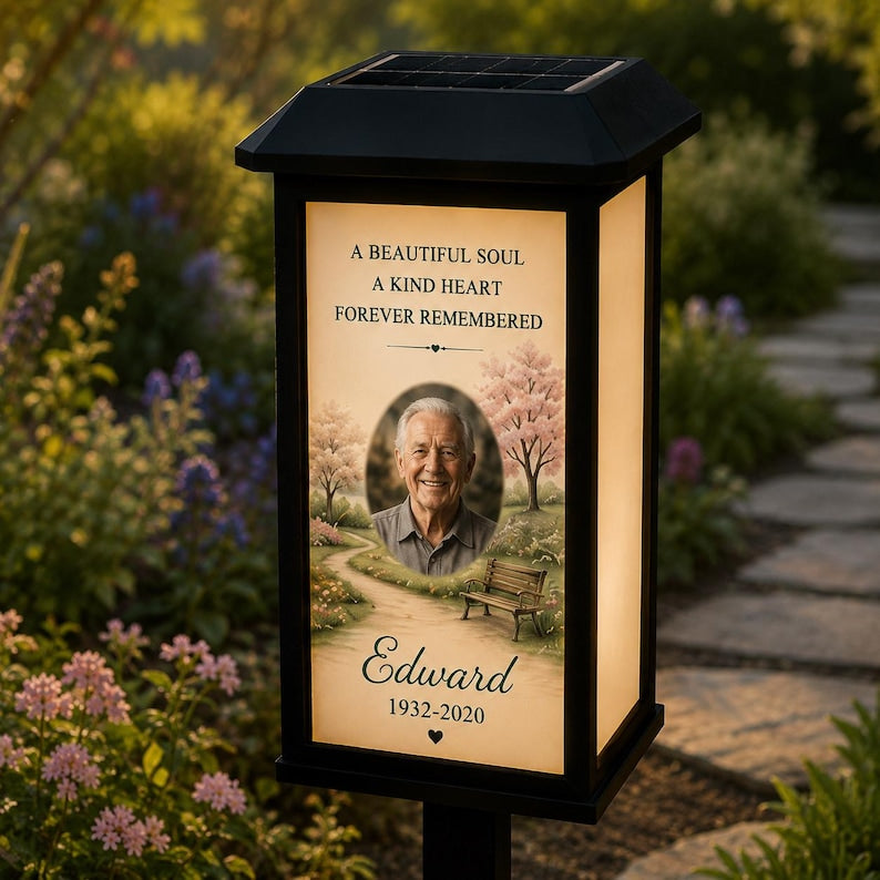 Personalized Memorial Solar Lantern with Photo, Custom Gravesite Light, Outdoor Remembrance Garden Stake
