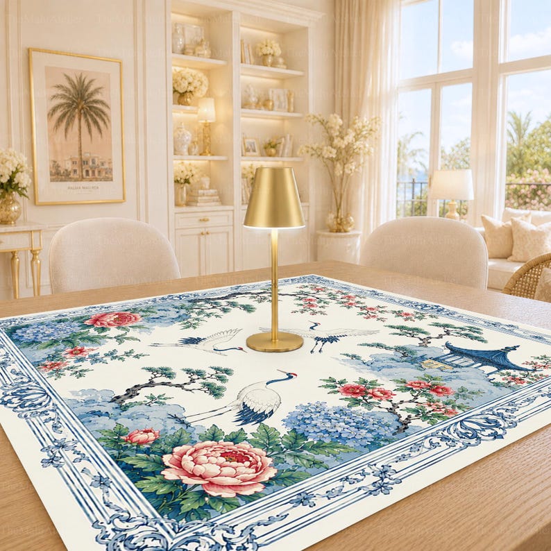 Blue and White Crane Mahjong Mat, Chinoiserie Hydrangea American Mahjong Game Mat