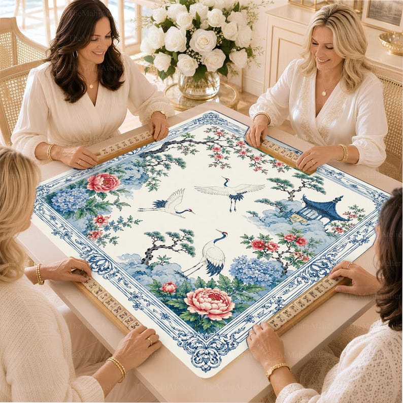 Blue and White Crane Mahjong Mat, Chinoiserie Hydrangea American Mahjong Game Mat